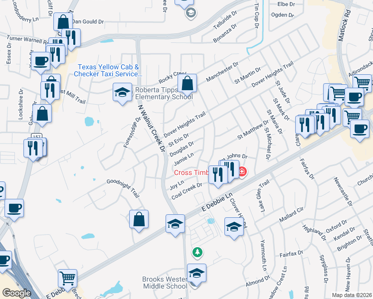 map of restaurants, bars, coffee shops, grocery stores, and more near 616 Douglas Drive in Mansfield