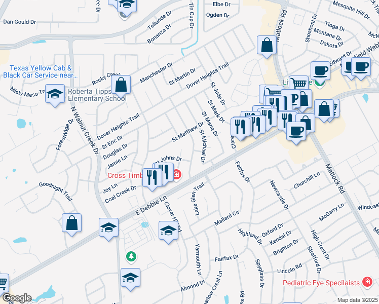 map of restaurants, bars, coffee shops, grocery stores, and more near 2805 Saint Charles Drive in Mansfield
