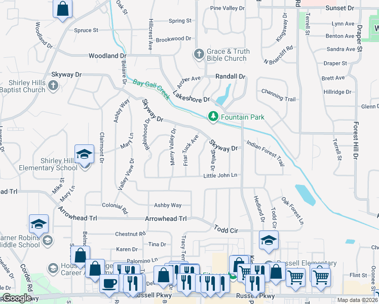 map of restaurants, bars, coffee shops, grocery stores, and more near 112 Friar Tuck Avenue in Warner Robins