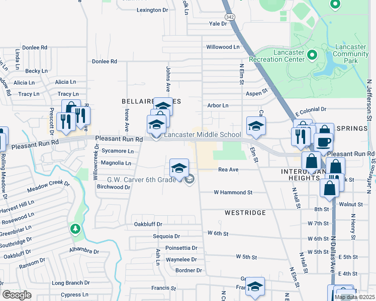map of restaurants, bars, coffee shops, grocery stores, and more near 1241 Westridge Avenue in Lancaster