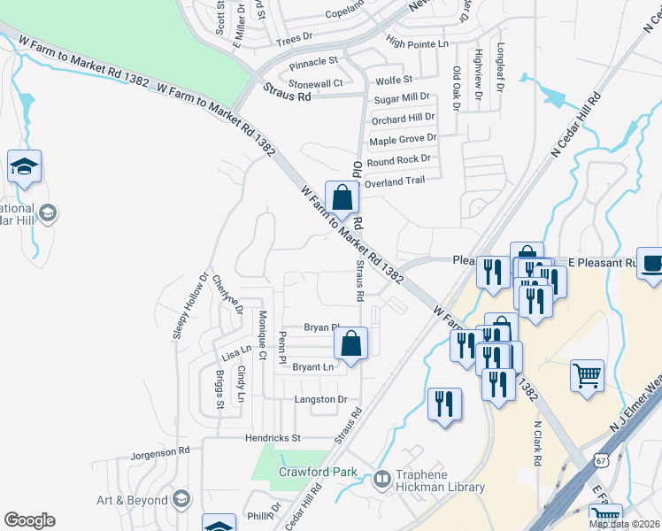 map of restaurants, bars, coffee shops, grocery stores, and more near 901 Preston Trail in Cedar Hill