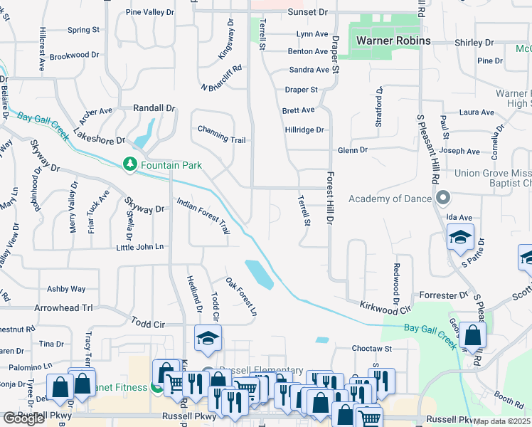 map of restaurants, bars, coffee shops, grocery stores, and more near 1210 Briarcliff Road in Warner Robins