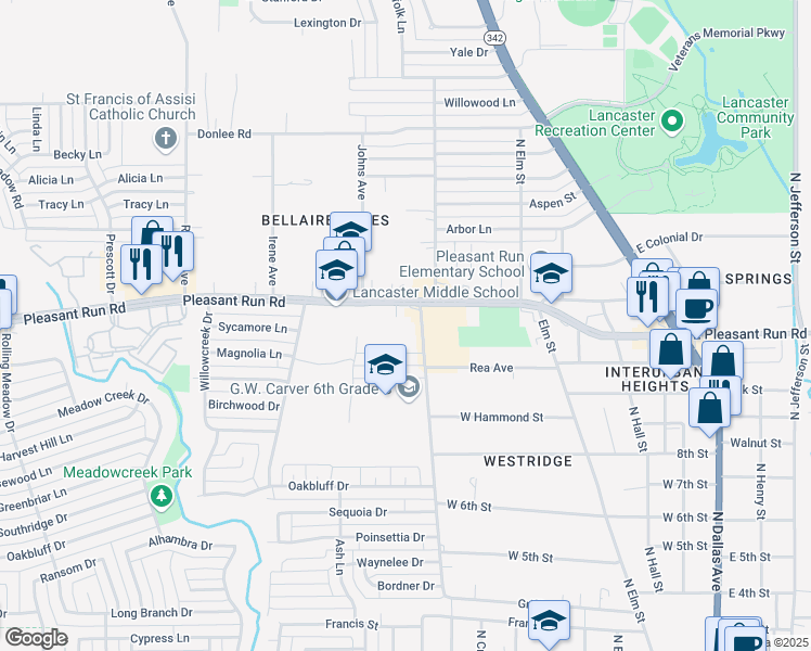 map of restaurants, bars, coffee shops, grocery stores, and more near 1241 Westridge Avenue in Lancaster