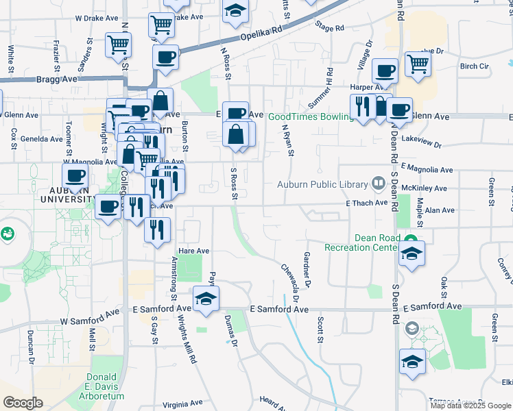 map of restaurants, bars, coffee shops, grocery stores, and more near East Thach Avenue in Auburn