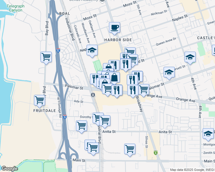 map of restaurants, bars, coffee shops, grocery stores, and more near 651 Palomar Street in Chula Vista