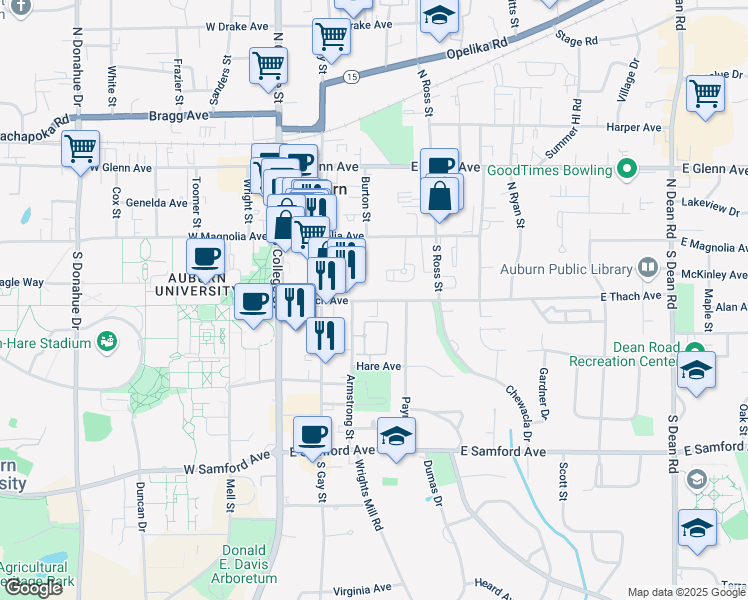 map of restaurants, bars, coffee shops, grocery stores, and more near 321 East Thach Avenue in Auburn