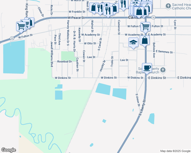 map of restaurants, bars, coffee shops, grocery stores, and more near 633 West Dinkins Street in Canton