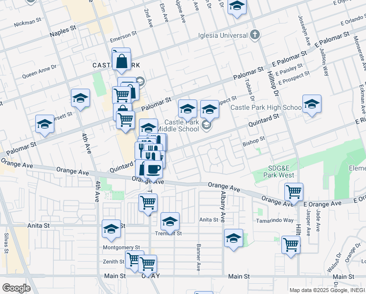 map of restaurants, bars, coffee shops, grocery stores, and more near 215 Quintard Street in Chula Vista