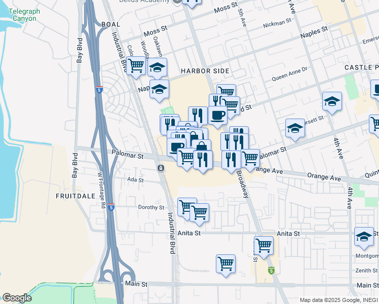 map of restaurants, bars, coffee shops, grocery stores, and more near 651 Palomar Street in Chula Vista