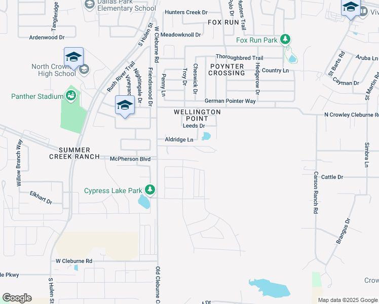 map of restaurants, bars, coffee shops, grocery stores, and more near 9455 West Cleburne Road in Crowley