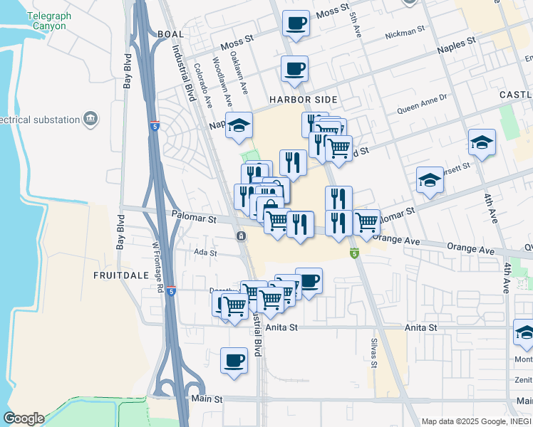 map of restaurants, bars, coffee shops, grocery stores, and more near 689 Palomar Street in Chula Vista
