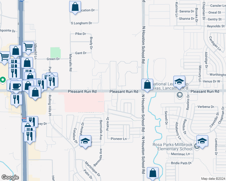 map of restaurants, bars, coffee shops, grocery stores, and more near 2531 Pleasant Run Road in Lancaster