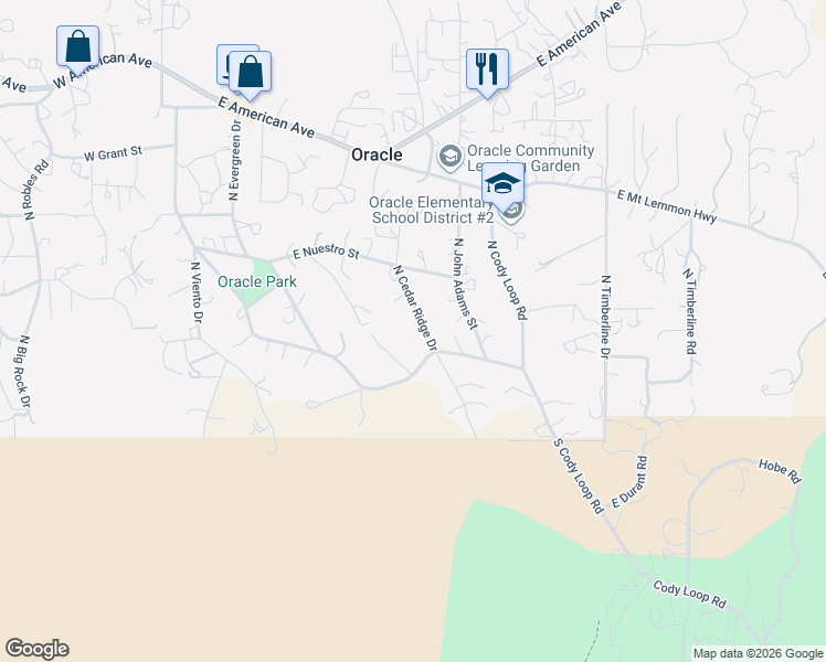 map of restaurants, bars, coffee shops, grocery stores, and more near 410 North Cedar Ridge Drive in Oracle
