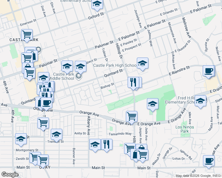 map of restaurants, bars, coffee shops, grocery stores, and more near 1448 Friar Place in Chula Vista