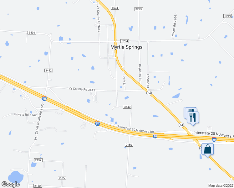 map of restaurants, bars, coffee shops, grocery stores, and more near County Road 3440 in Van Zandt County