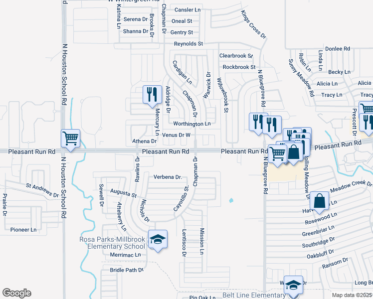map of restaurants, bars, coffee shops, grocery stores, and more near 1815 Pleasant Run Road in Lancaster