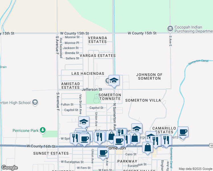 map of restaurants, bars, coffee shops, grocery stores, and more near 1011 North Somerton Avenue in Somerton
