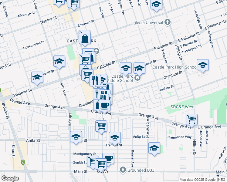 map of restaurants, bars, coffee shops, grocery stores, and more near 245 Quintard Street in Chula Vista