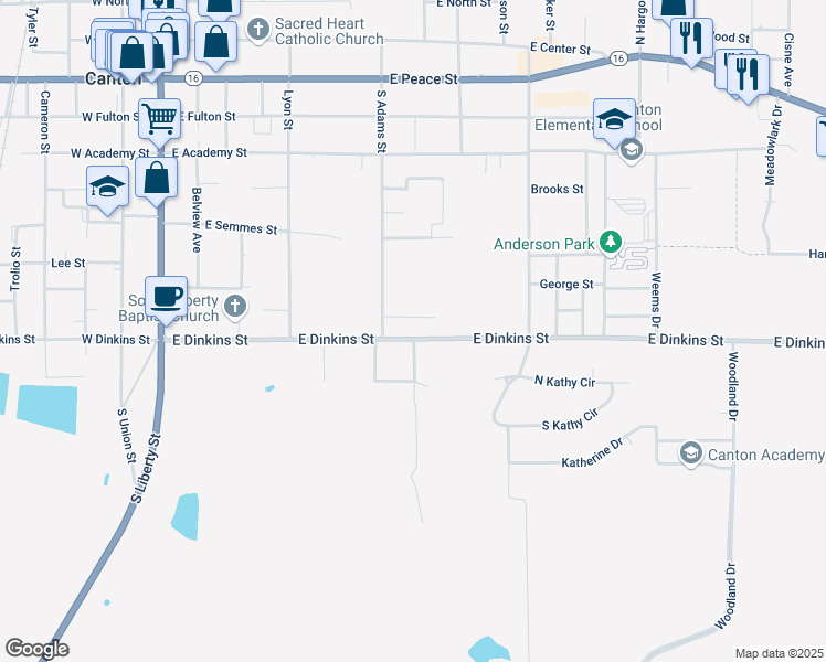 map of restaurants, bars, coffee shops, grocery stores, and more near 425 East Dinkins Street in Canton