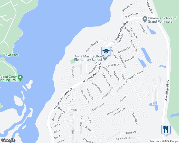 map of restaurants, bars, coffee shops, grocery stores, and more near 2728 Waterfront Drive in Grand Prairie