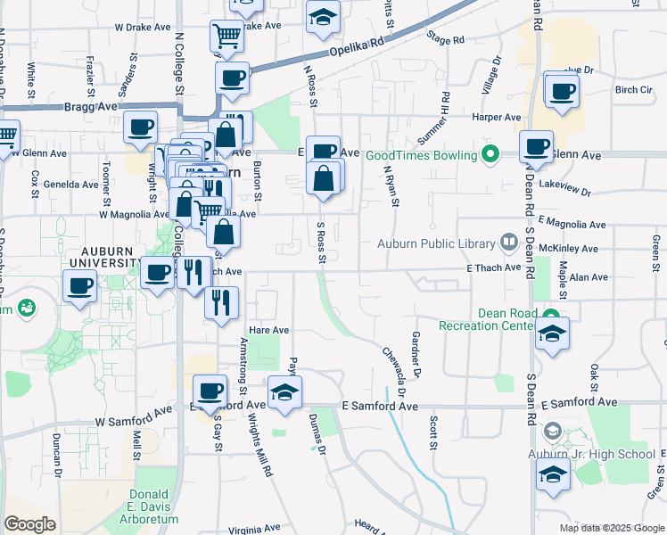 map of restaurants, bars, coffee shops, grocery stores, and more near 405 East Thach Avenue in Auburn