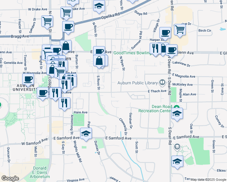 map of restaurants, bars, coffee shops, grocery stores, and more near 502 East Thach Avenue in Auburn