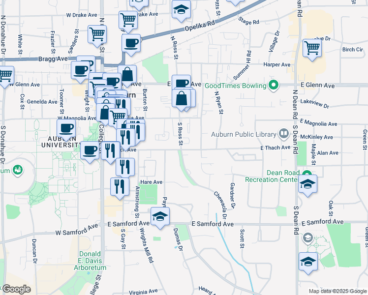 map of restaurants, bars, coffee shops, grocery stores, and more near 203005 Chewacla Drive in Auburn