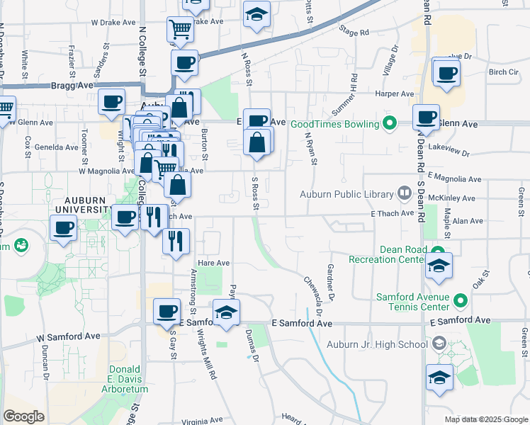 map of restaurants, bars, coffee shops, grocery stores, and more near 405 East Thach Avenue in Auburn