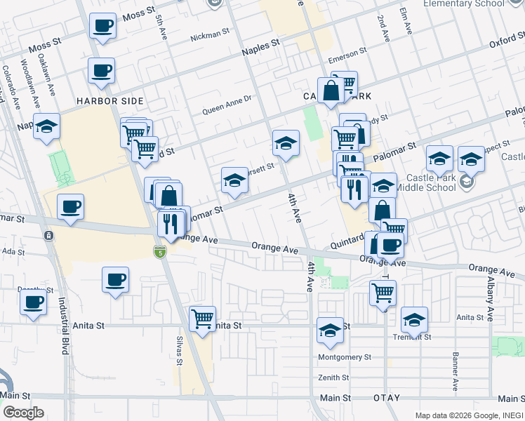 map of restaurants, bars, coffee shops, grocery stores, and more near 421 Locdel Court in Chula Vista