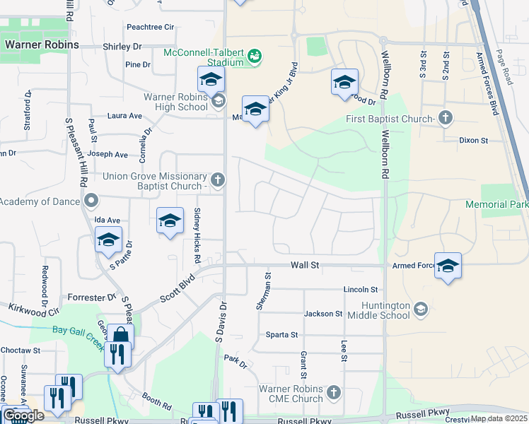 map of restaurants, bars, coffee shops, grocery stores, and more near 978-1098 Brookley Avenue in Warner Robins