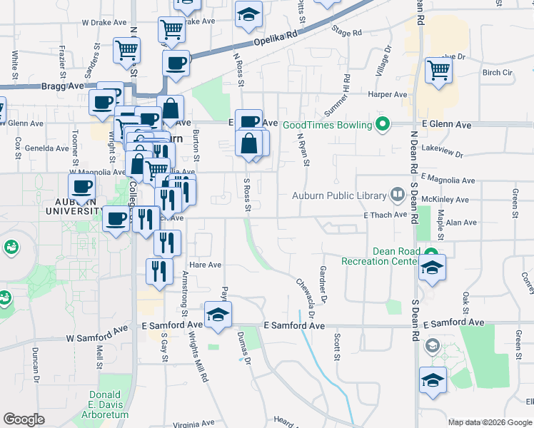 map of restaurants, bars, coffee shops, grocery stores, and more near 425 East Thach Avenue in Auburn
