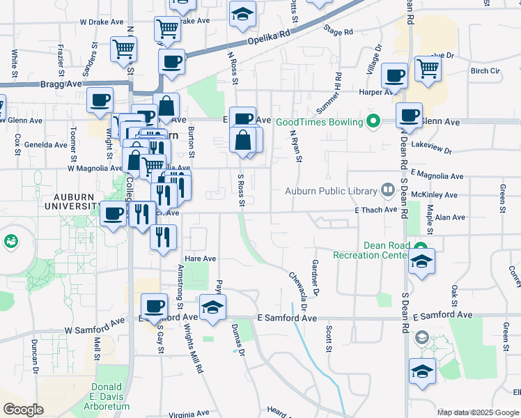 map of restaurants, bars, coffee shops, grocery stores, and more near East Thach Avenue in Auburn