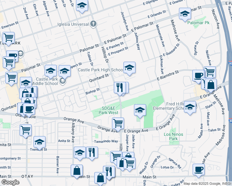map of restaurants, bars, coffee shops, grocery stores, and more near 1434 Hilltop Drive in Chula Vista