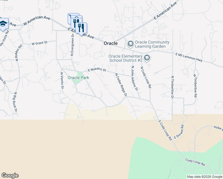 map of restaurants, bars, coffee shops, grocery stores, and more near 375 North Alto Loma Drive in Oracle