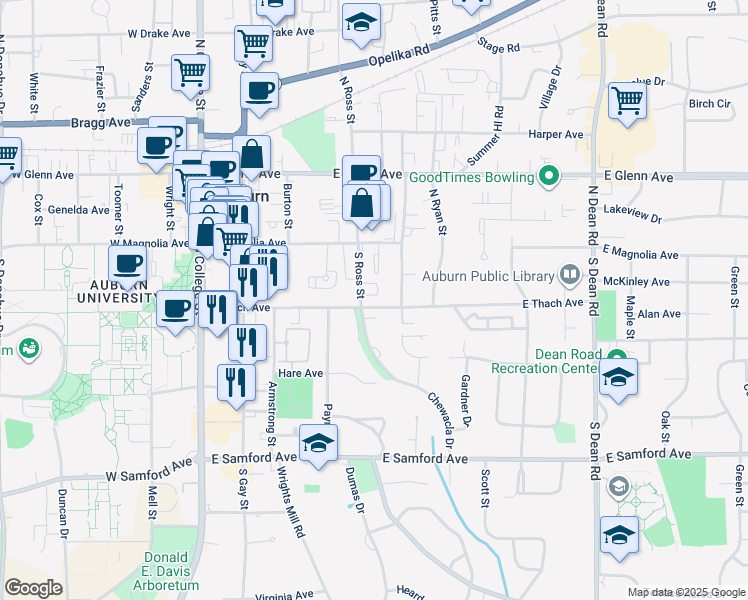 map of restaurants, bars, coffee shops, grocery stores, and more near 203005 Chewacla Drive in Auburn