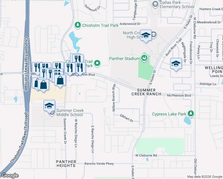 map of restaurants, bars, coffee shops, grocery stores, and more near 9713 Trail Map Drive in Crowley