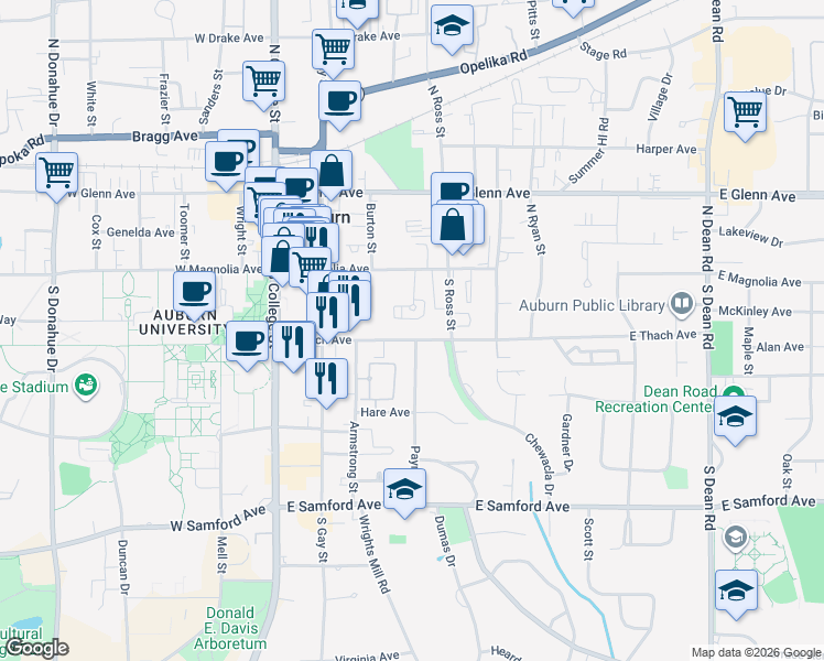 map of restaurants, bars, coffee shops, grocery stores, and more near 357 East Thach Avenue in Auburn
