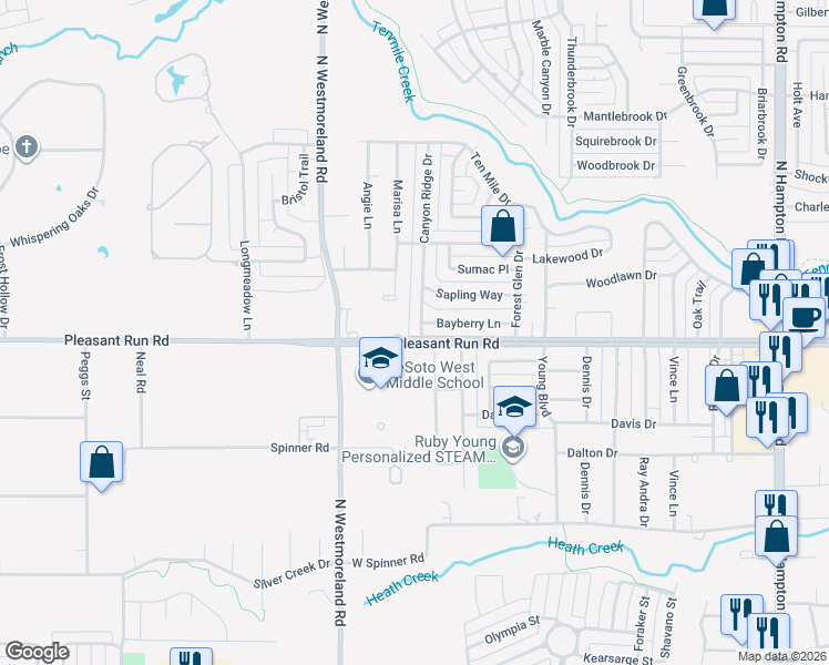 map of restaurants, bars, coffee shops, grocery stores, and more near 901 Canyon Ridge Drive in DeSoto