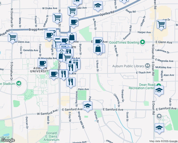 map of restaurants, bars, coffee shops, grocery stores, and more near 357 East Thach Avenue in Auburn