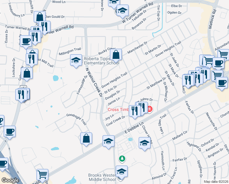 map of restaurants, bars, coffee shops, grocery stores, and more near 617 Douglas Drive in Mansfield