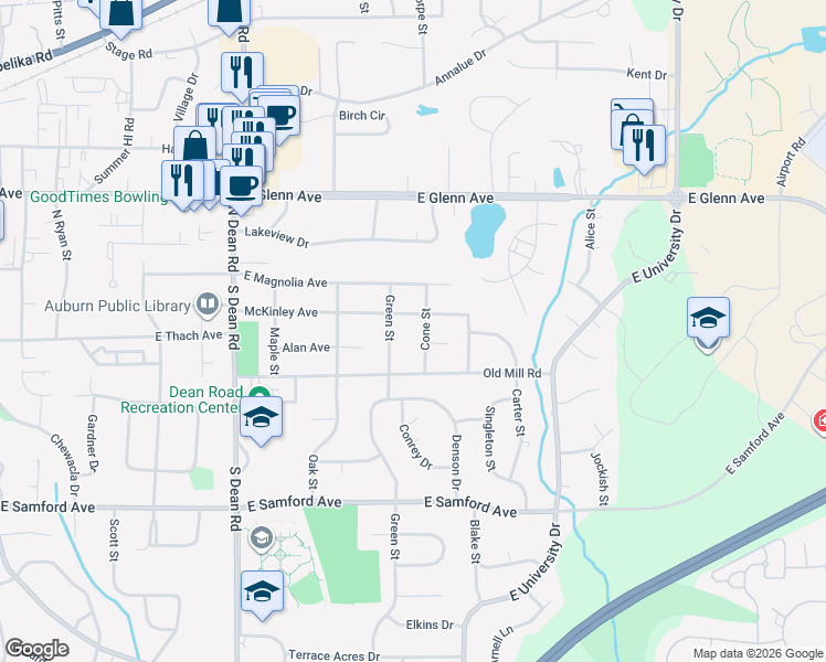 map of restaurants, bars, coffee shops, grocery stores, and more near 156 Cone Street in Auburn