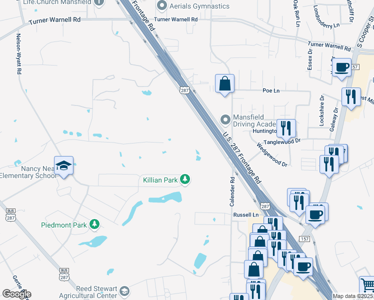 map of restaurants, bars, coffee shops, grocery stores, and more near 2301 U.S. 287 Frontage Road in Mansfield