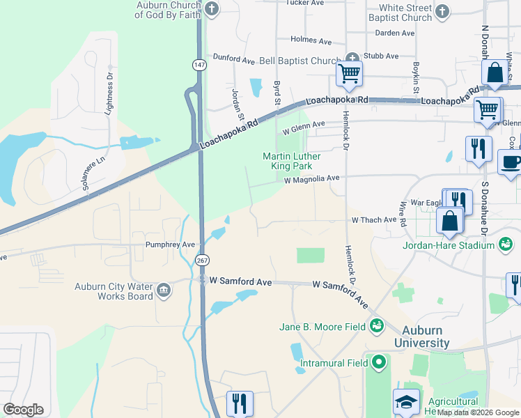 map of restaurants, bars, coffee shops, grocery stores, and more near 1232 West Thach Avenue in Auburn