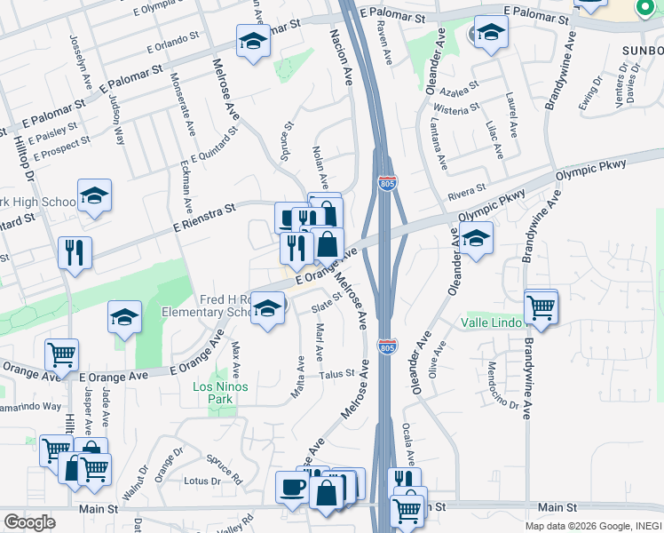 map of restaurants, bars, coffee shops, grocery stores, and more near E Orange Ave & Melrose Ave in Chula Vista