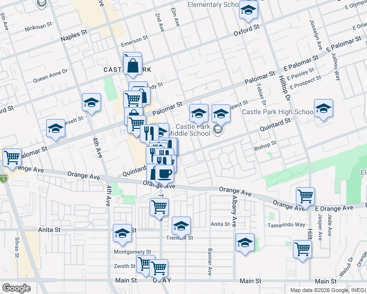 map of restaurants, bars, coffee shops, grocery stores, and more near 255 Quintard Street in Chula Vista