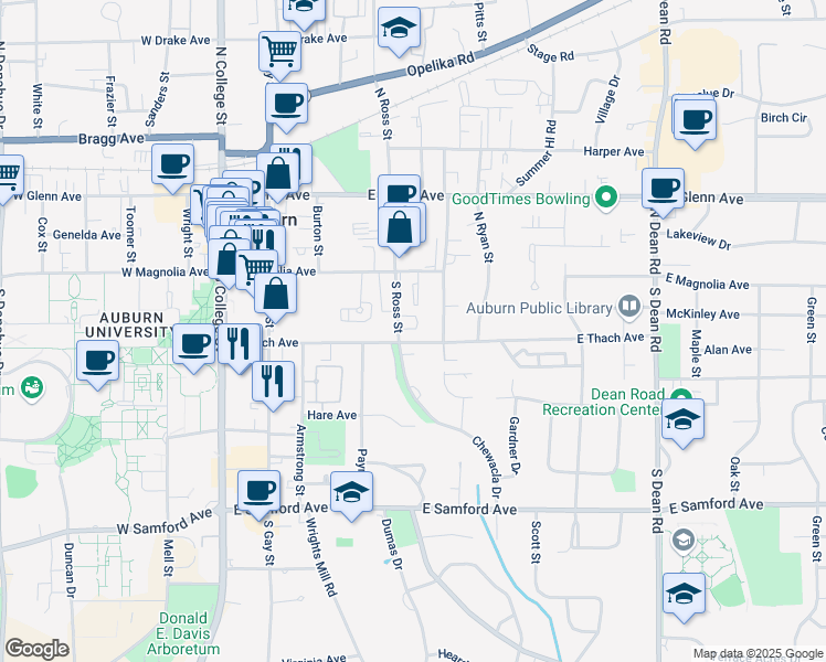 map of restaurants, bars, coffee shops, grocery stores, and more near 203005 Chewacla Drive in Auburn