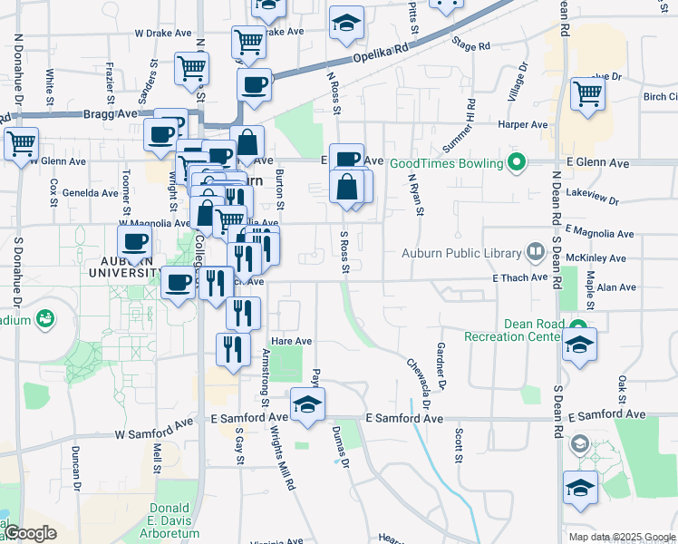 map of restaurants, bars, coffee shops, grocery stores, and more near 203005 Chewacla Drive in Auburn