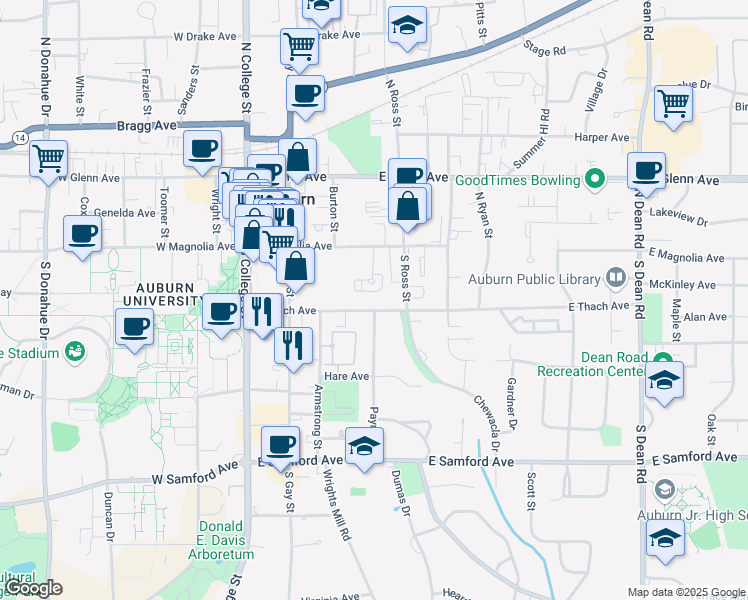 map of restaurants, bars, coffee shops, grocery stores, and more near 358 East Thach Avenue in Auburn