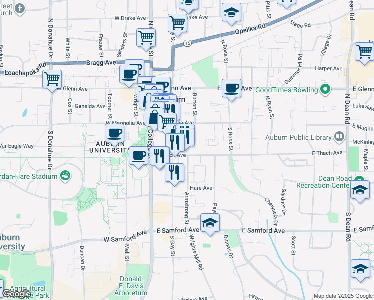 map of restaurants, bars, coffee shops, grocery stores, and more near 226 East Thach Avenue in Auburn
