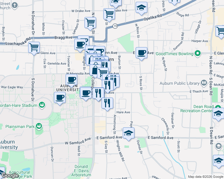 map of restaurants, bars, coffee shops, grocery stores, and more near 215 East Thach Avenue in Auburn